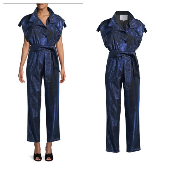 CAROLINA RITZLER Paola Cap-Sleeve Belted Metallic Jumpsuit Blue Size 36 XS - Picture 1 of 6